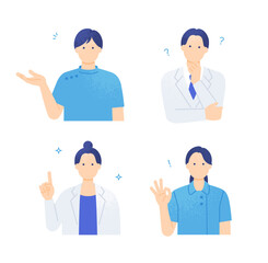 医師と介護士のジェスチャー集。白衣を着た男女・医療ユニフォーム姿の男女4 点セット。