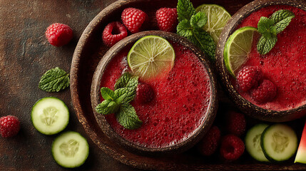 a bowl of chilled watermelon and cucumber soup with mint.