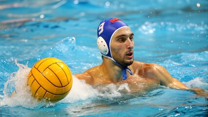 young man swimming in the pool water polo