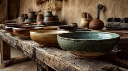 Line of Artisan Pottery Bowls Drying on Wooden Shelves Displaying Handcrafted Quality and Unique Designs