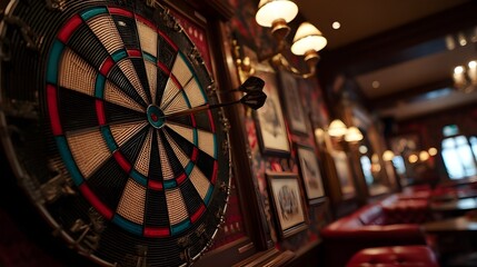 Cozy Pub Interior with Darts Board and Bullseye Final Throw Creating Intimate Atmosphere for Social Gatherings