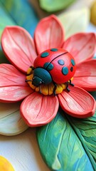 Fototapeta premium Colorful ladybug resting on a vibrant flower with green leaves