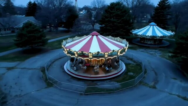 Aerial view of an empty amusement park, carousel slowly spinning without music