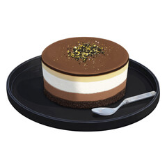 Delicious three-layered chocolate cake gourmet kitchen food photography elegant setting transparent background