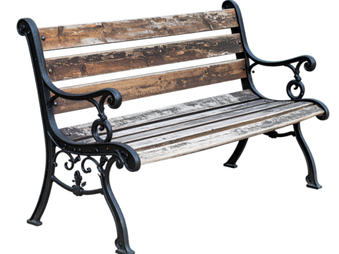 Antique Slatted Wood Bench with Ornate Iron Sides, Isolated PNG