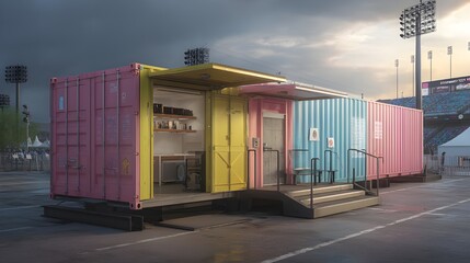 Fototapeta premium Shield Stadium Operations with Colorful Backup Storage Containers Offering Secure Scalable Energy Management Systems Solutions