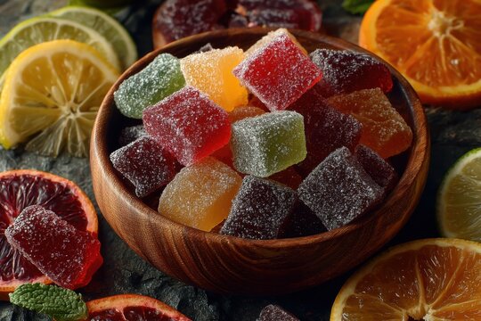 Sugared fruit jellies in wood bowl surrounded by assorted citrus slices, including lime, lemon, orange, and blood orange - Powered by Adobe