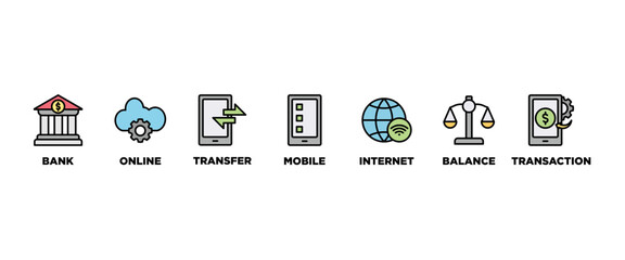 Online banking banner web icon vector illustration concept with icon of account, online payment, transfer funds, mobile banking, internet banking, balance check, transaction report, global transfer