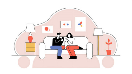 couple use smartphone device while sitting on a couch in the cozy apartment boyfriend and girlfriend talk do e shopping on internet watching funny videos use social media streaming service 75417072 1