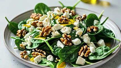 Fresh spinach salad with walnuts and feta for healthy eating
