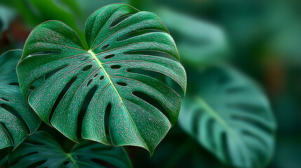 Fototapeta premium Lush Monstera leaves in soft sunlight, tropical greenery thriving in nature's embrace