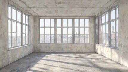 Obraz premium Empty interior room with large windows and city view.