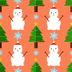 Cute Snowman and Christmas Tree Seamless Pattern