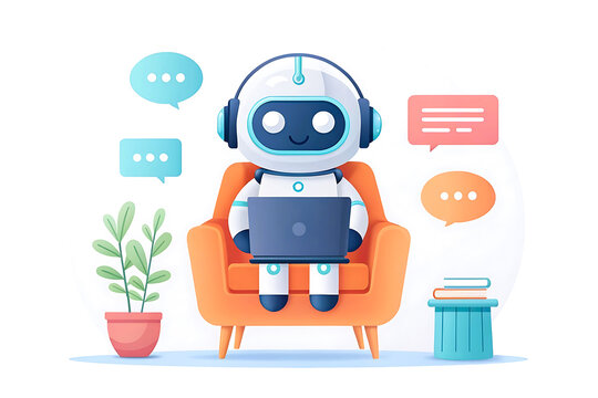Cute cartoon robot sitting on a cozy armchair using a laptop and chatting online
