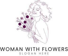 Elegant Woman Holding Beautiful Purple Flowers Line Art Design logo love soft style happy 