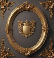 Gilded oval frame with ornate flowers, showcasing a majestic coat of arms  ,  vintage,  illustration,  crest