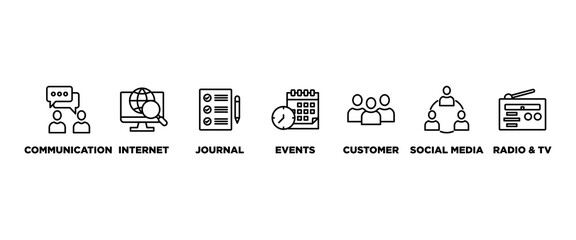 Public relations - pr banner web icon vector illustration concept with icon of communication, internet, journal, events, radio, tv, social media, and customer