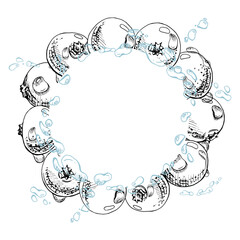 Lingonberry cranberry flying in water splash with dew drops, red ripe forest berry bearberry teaberry winterberry vector hand drawn in ink. Isolated circle wreath frame for cafe menu, farmers market