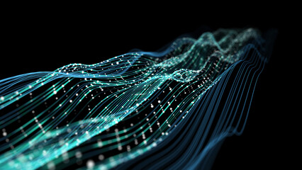 Abstract futuristic blue lines and particles in way. Glowing dots over lines in cyberspace. 5G. Futuristic big data streaming in flowing inside of optical way. © Anatoly Stojko