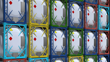 Tank containers for purpose of exporting liquid cargo in rows. ISO containers. 3D render wall of tanks.