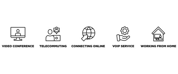 Remote working banner web icon vector illustration concept for working at home with icon of video conference, telecommuting, connecting online, voip, and working from home