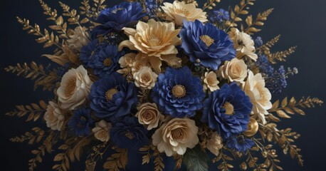 Opulent floral bouquet with gilded accents on a midnight blue backdrop, blue, ornate