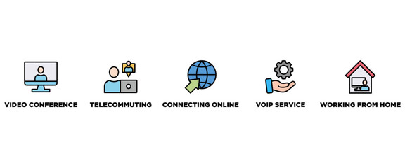 Remote working banner web icon vector illustration concept for working at home with icon of video conference, telecommuting, connecting online, voip, and working from home