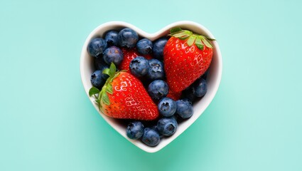 A heart-shaped bowl filled with blueberries and strawberries.