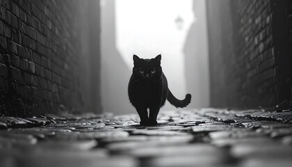 Black Cat in a Cobblestone Alleyway