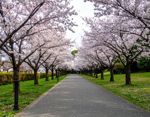 Obraz premium Serene Pathway Flanked by Blooming Cherry Blossom Trees in Spring