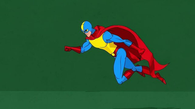 Vibrant Superhero Character in Mid-Action Pose Against Green Background