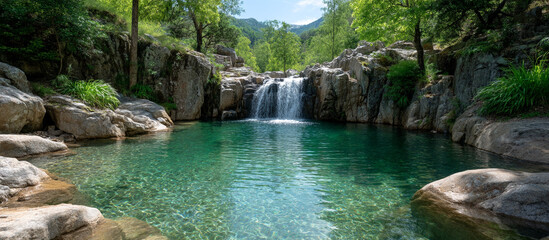 Naklejka premium Crystal-clear waterfall pouring into serene mountain pool 32k, full ultra hd, high resolution