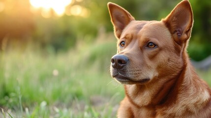 Portrait of a reddish-brown dog sitting in a grassy field at sunset, gazing thoughtfully into the distance, bathed in warm golden light. : Generative AI