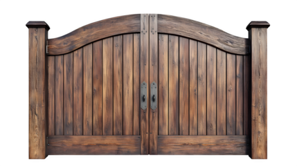 Solid wood driveway gate, arched top, vertical planks, stained dark oak, classic estate look, photorealistic image, isolated on transparent  background