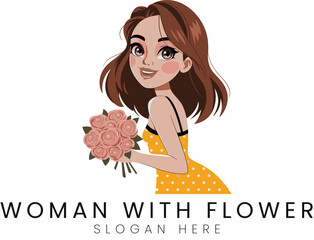 Pretty Woman Holding a Bouquet of Pink Roses Illustration art girl cute logo dress happy  