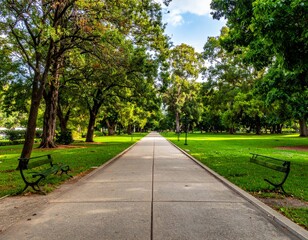 Fototapeta premium Serene Pathway Through Lush Green Park in Bright Daylight Setting