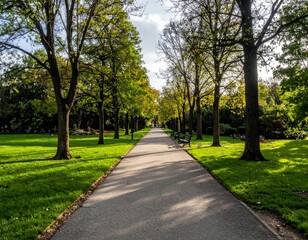 Fototapeta premium Serene Urban Park Pathway Surrounded by Green Trees and Sunshine
