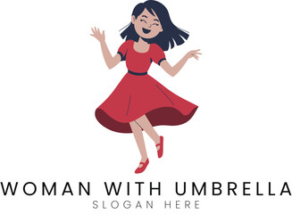 Happy Woman in Red Dress Dancing Joyful Design fun art girl cute flat logo icon style     