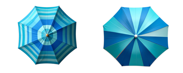 Striped Circular Beach Umbrella in Blue Tones, Top View Isolated on Transparent Background PNG