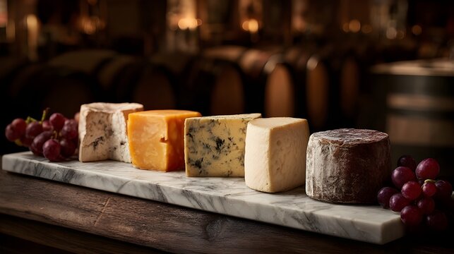 Row of artisan cheeses displayed on marble board showcasing diverse flavors for gourmet tasting experience