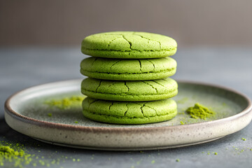 Stacked Matcha Green Tea Cookies on Ceramic Plate with Powder Dust