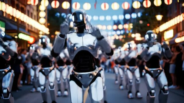 A group of robots performs an energetic dance routine on a bustling street filled with colorful decorations and a cheering crowd. The lively atmosphere creates excitement as the robots move in sync.