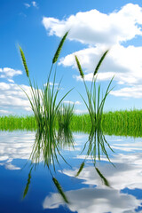 Fototapeta premium Green grass and wheat stalks reflecting in clear water under blue sky with clouds, peaceful natural landscape