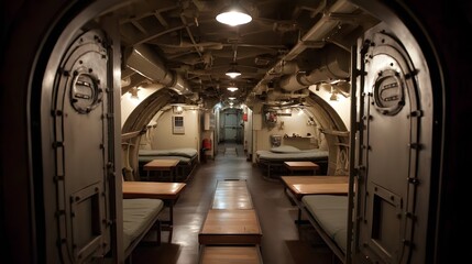 Obraz premium Underground Bunker Interior with Steel Architecture Highlighting Survivalist Facilities and Disaster Preparedness for Extreme Environments