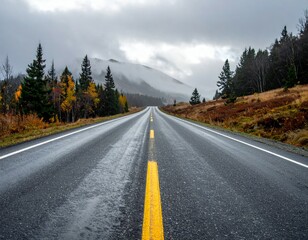 Scenic Rainy Road Through Mountains and Forest in Autumn Landscape