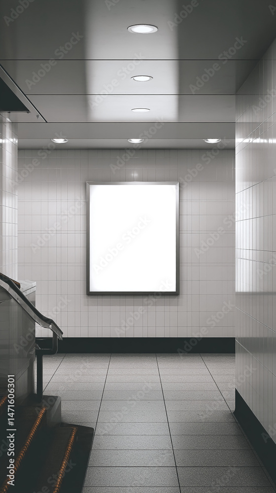 Poster blank rectangular advertisement showcase in a subway station, featuring grey tiled walls and floor, 