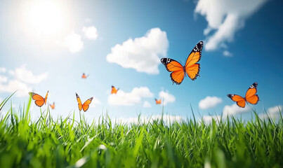 Butterfly meadow grass sky sunlight cloud nature summer bright peaceful outdoor landscape flying green blue wild insect field