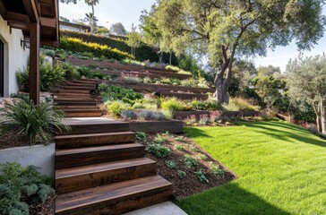 Fototapeta premium Wooden stairs leading up lush hillside garden