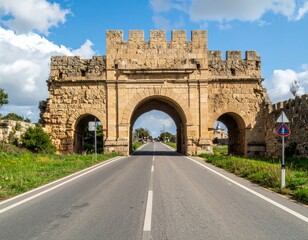 Fototapeta premium Ancient Stone Archway with Bright Blue Sky and Road Ahead