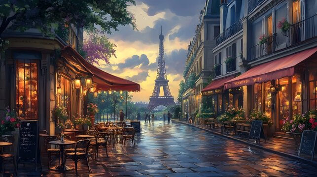 A street cafe in Paris with Eiffel Tower in the distance